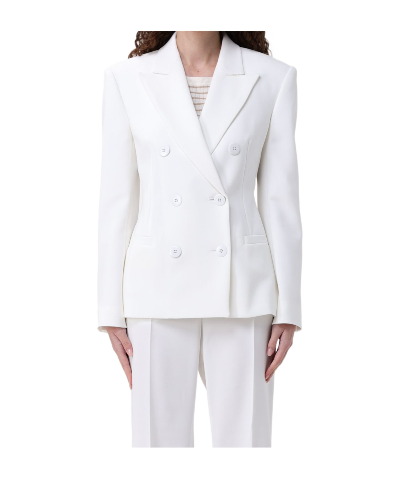 Shop Max Mara Studio Double-breasted Long-sleeved Blazer In White