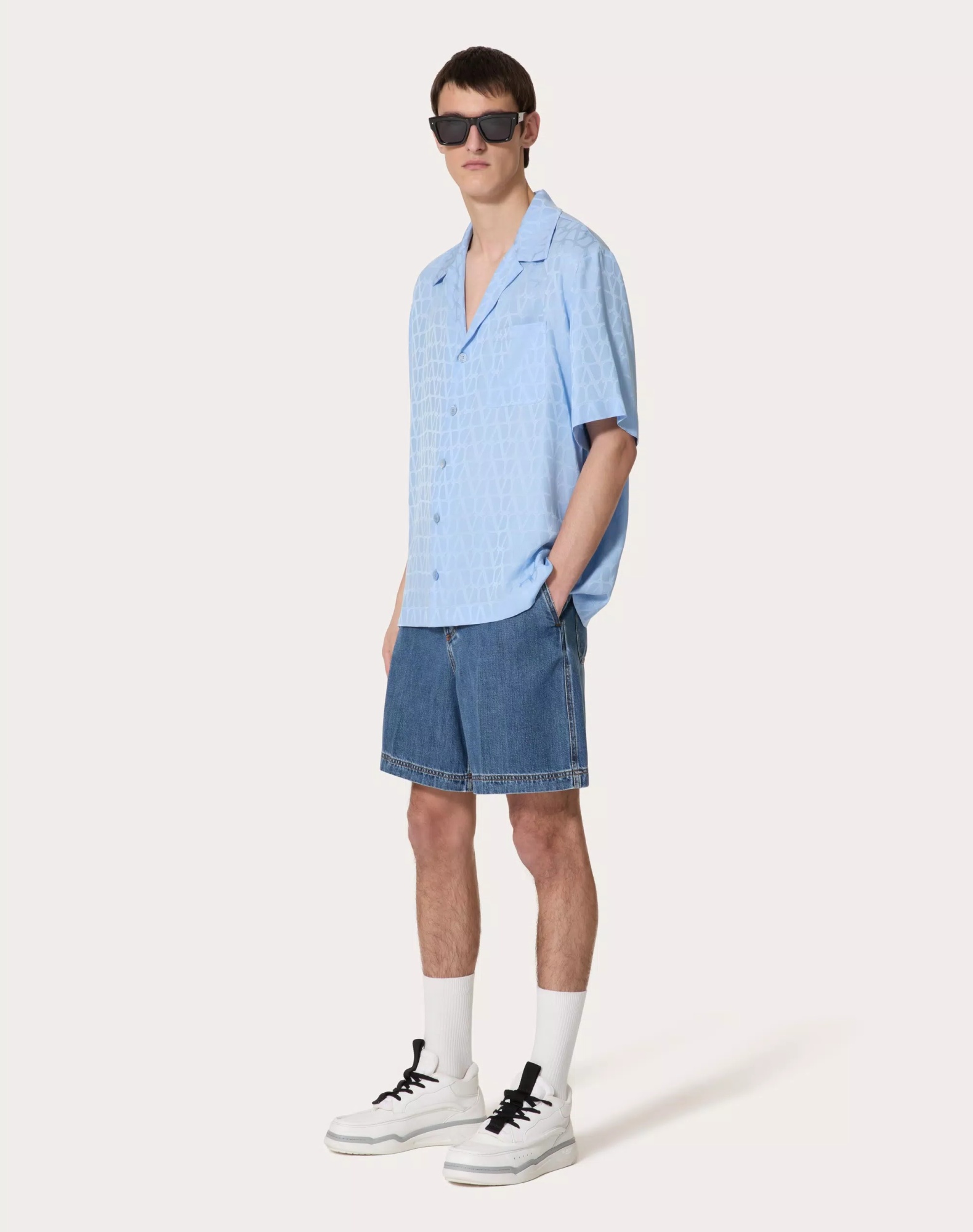 Valentino Toile Iconographe-jacquard Silk Shirt In Blue