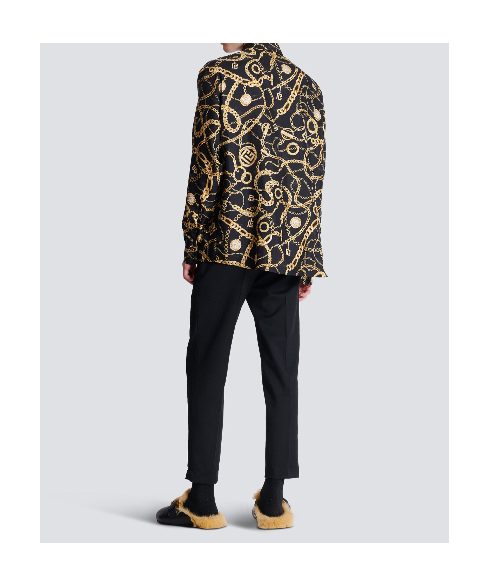 Balmain Black Shirt With Pointed Collar And Chain Print With Logo In Silk Man In Black