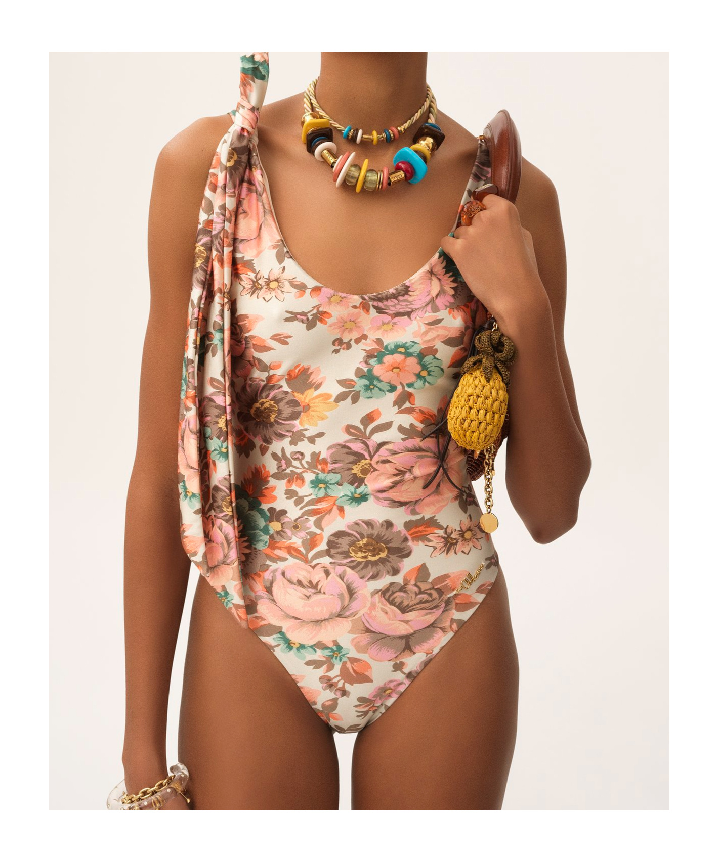 Chloé Bow-embellished Floral-print Swimsuit In Pink