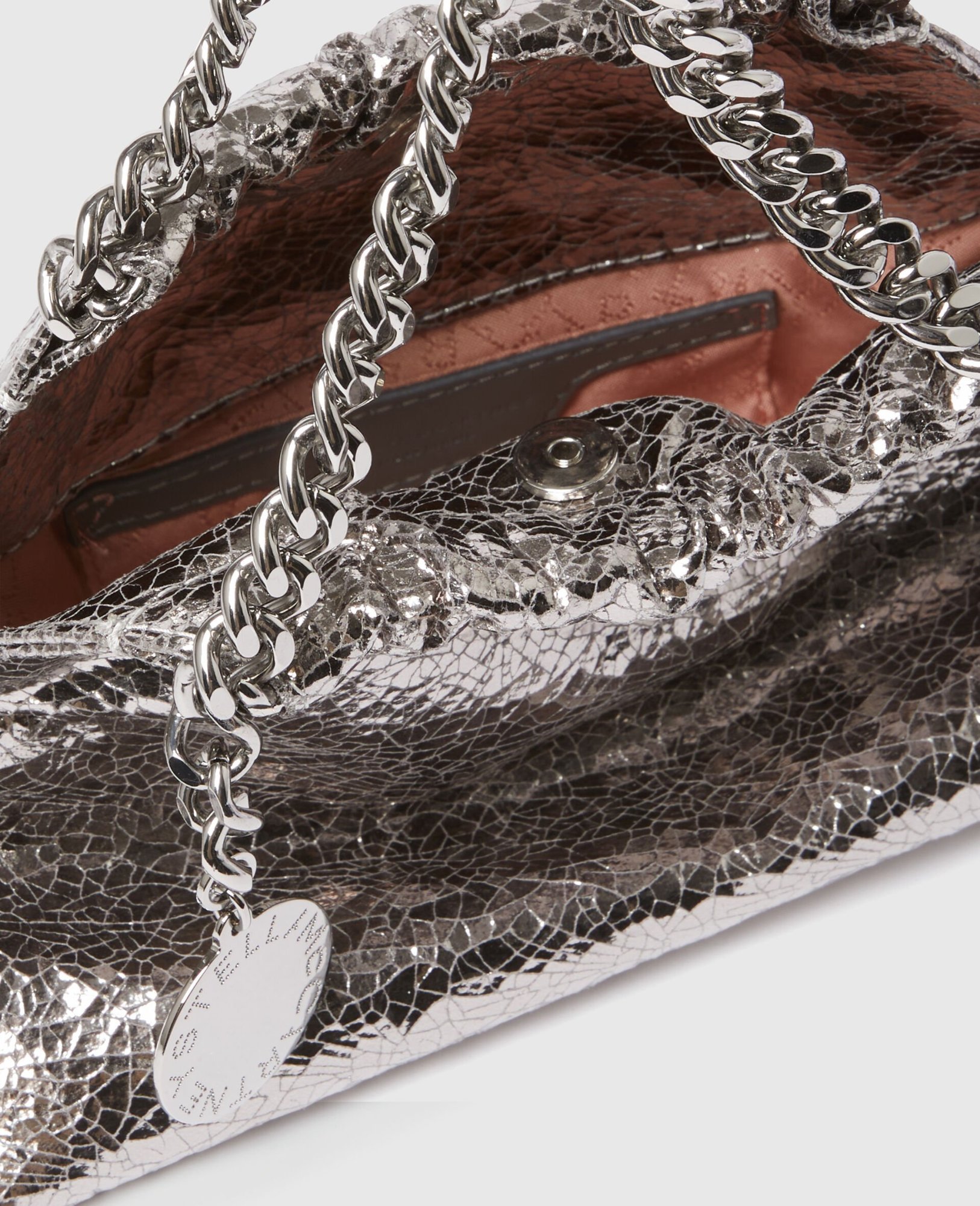 Stella Mccartney Falabella Cracked Metallic Drawstring Crossbody Bag In Gray