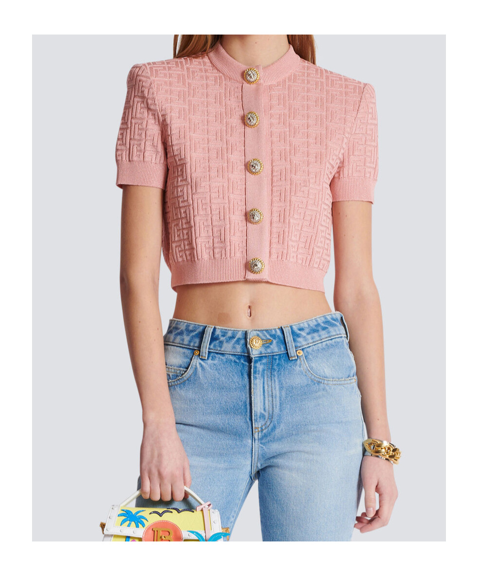 Balmain Pb-intarsia Short-sleeve Cardigan In Pink