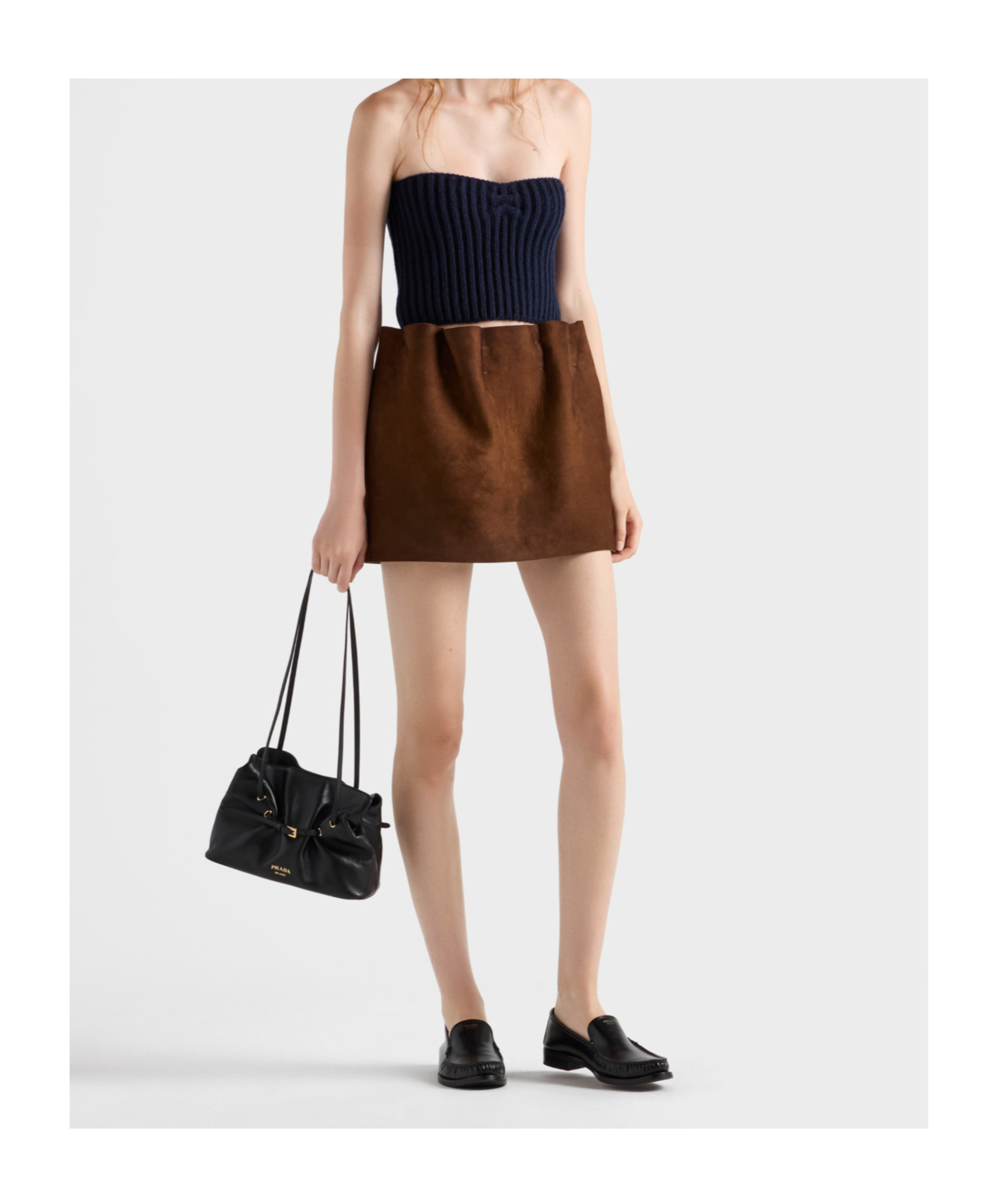 Prada Elasticated-waistband Suede Mini Skirt In Brown