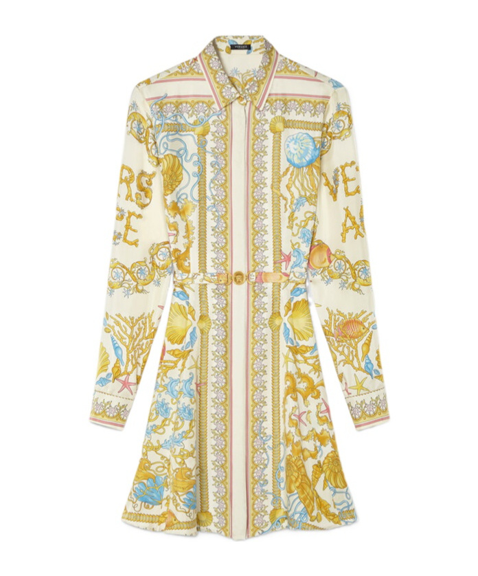 Versace Underwater Barocco Silk Midi Shirt Dress