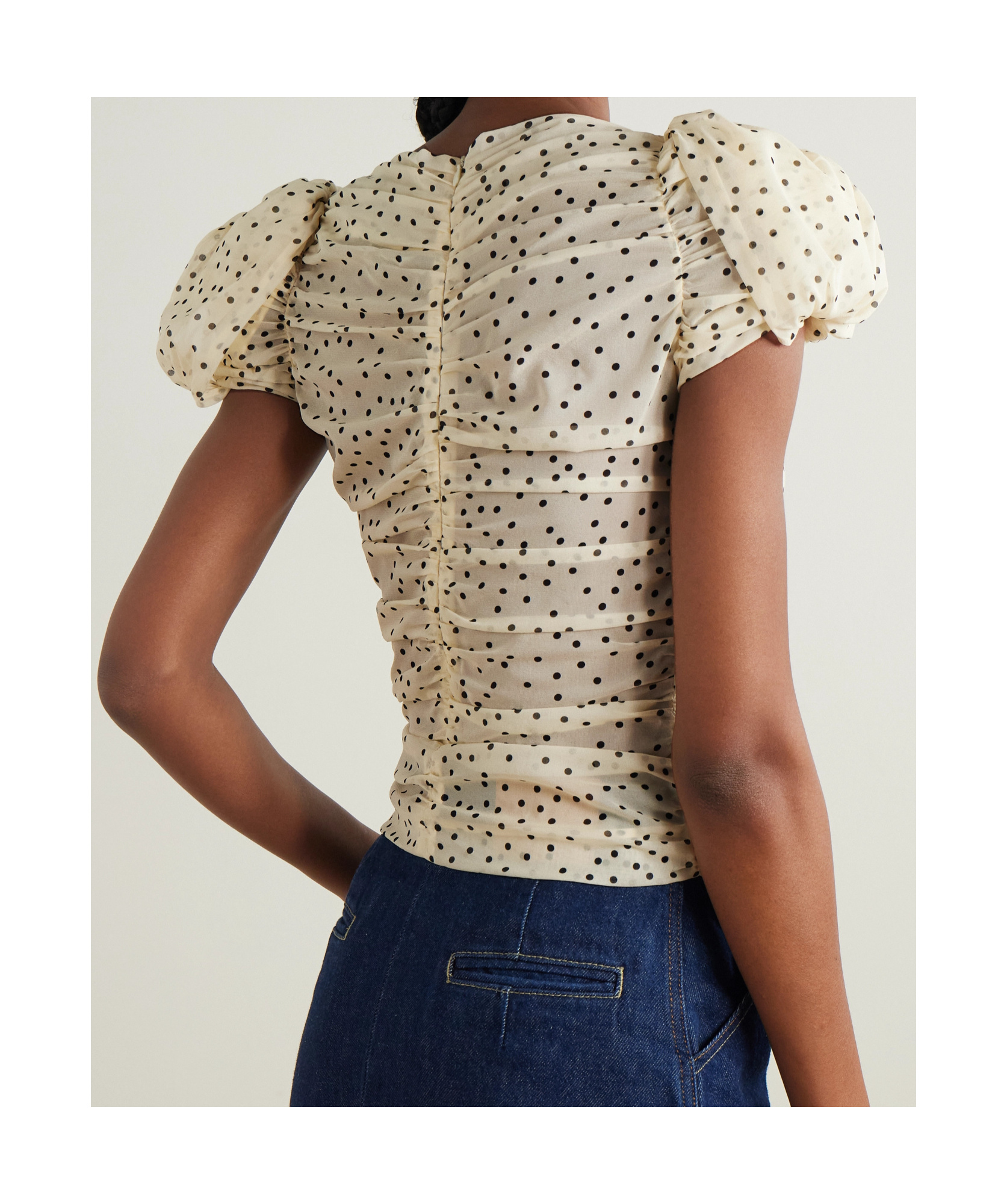 Magda Butrym Ruched Polka-dot Print Stretch-silk Chiffon Top