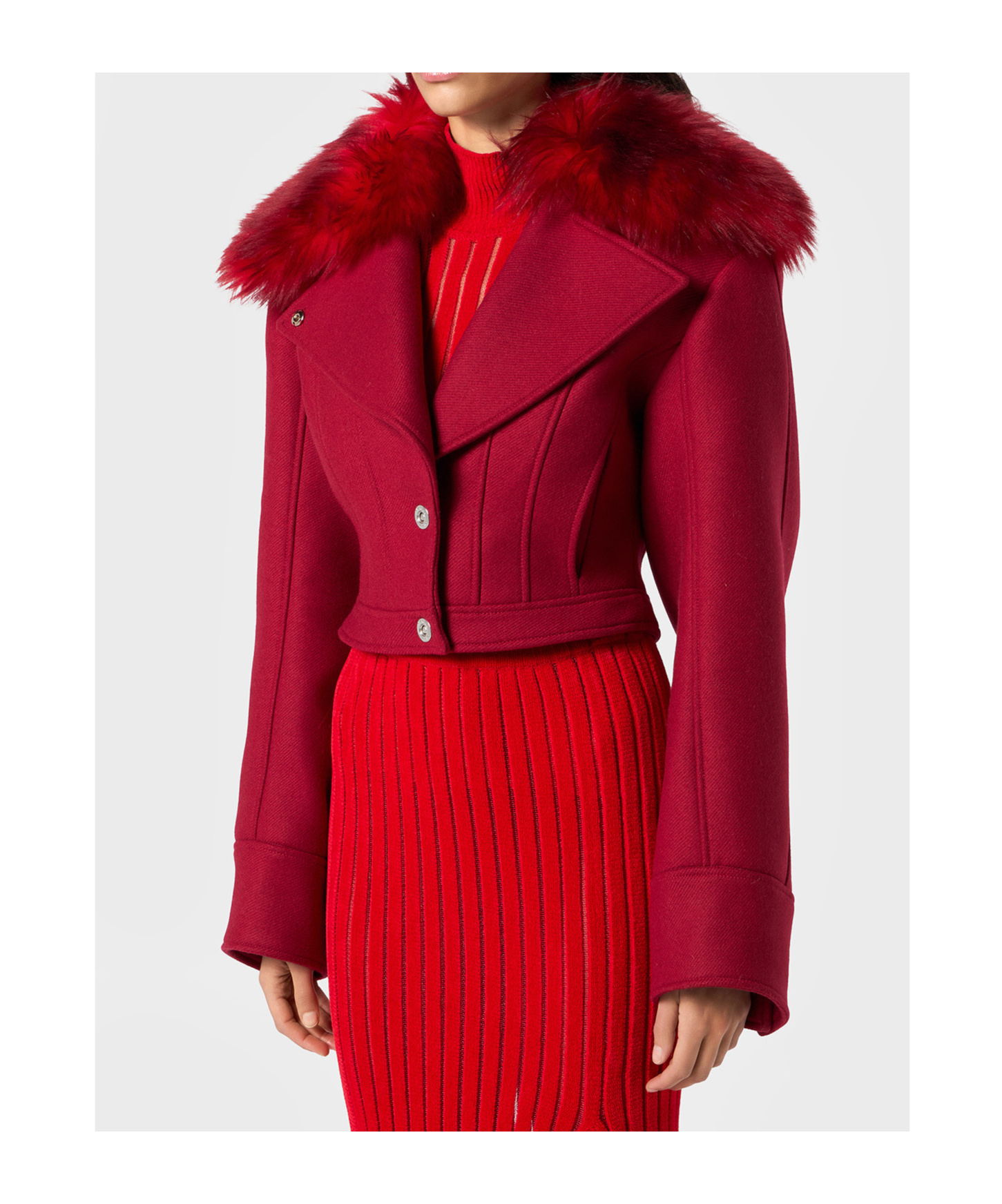 Blumarine Faux-fur-collar Cropped Jacket In Burgundy