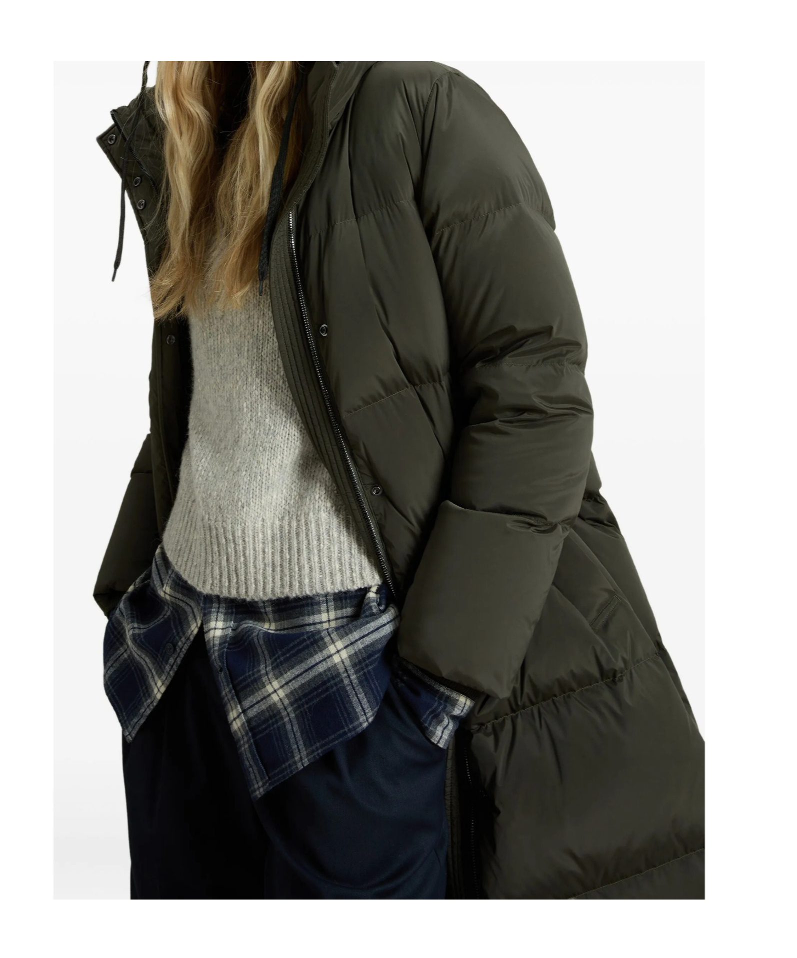 Woolrich Long Hooded Quilted Coat Front Pockets In Brown