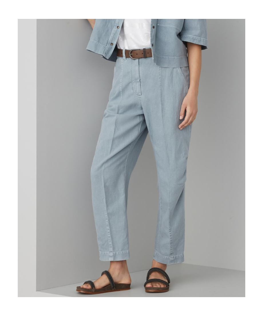 Brunello Cucinelli Women's Garment Dyed Cotton And Linen Cover Ergonomic Chino Trousers In Blue