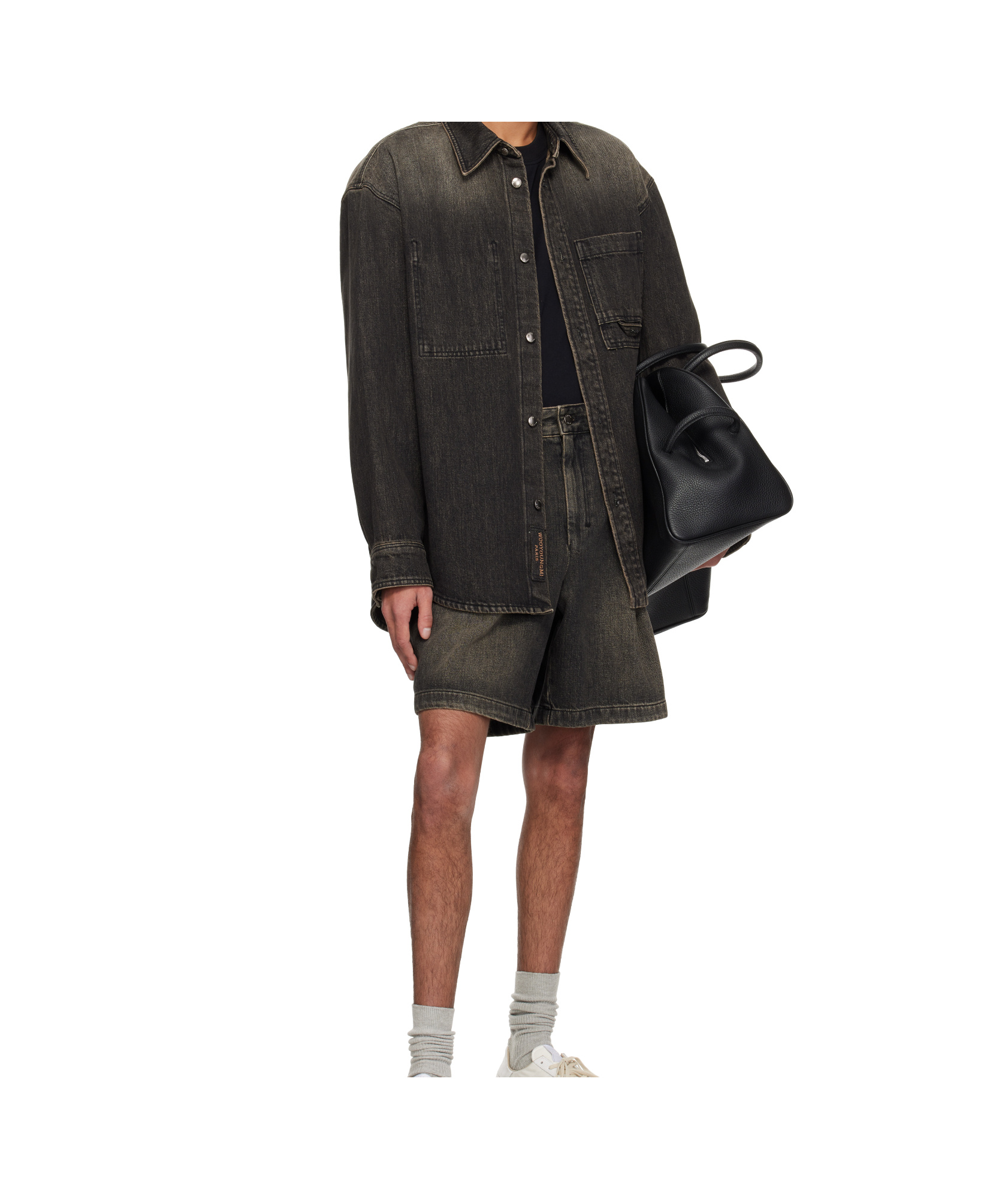 Wooyoungmi Gray One-tuck Washed Denim Shorts In Black