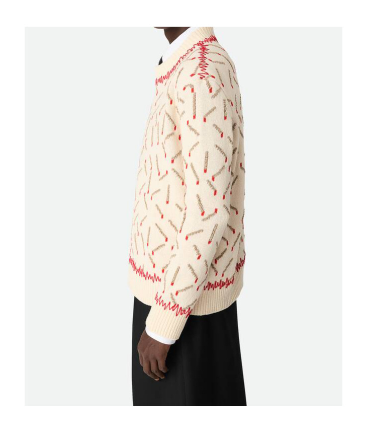 Bottega Veneta Men Ivory Sweater With Matchstick Jacquard Motif In Chalk/beige/tomato