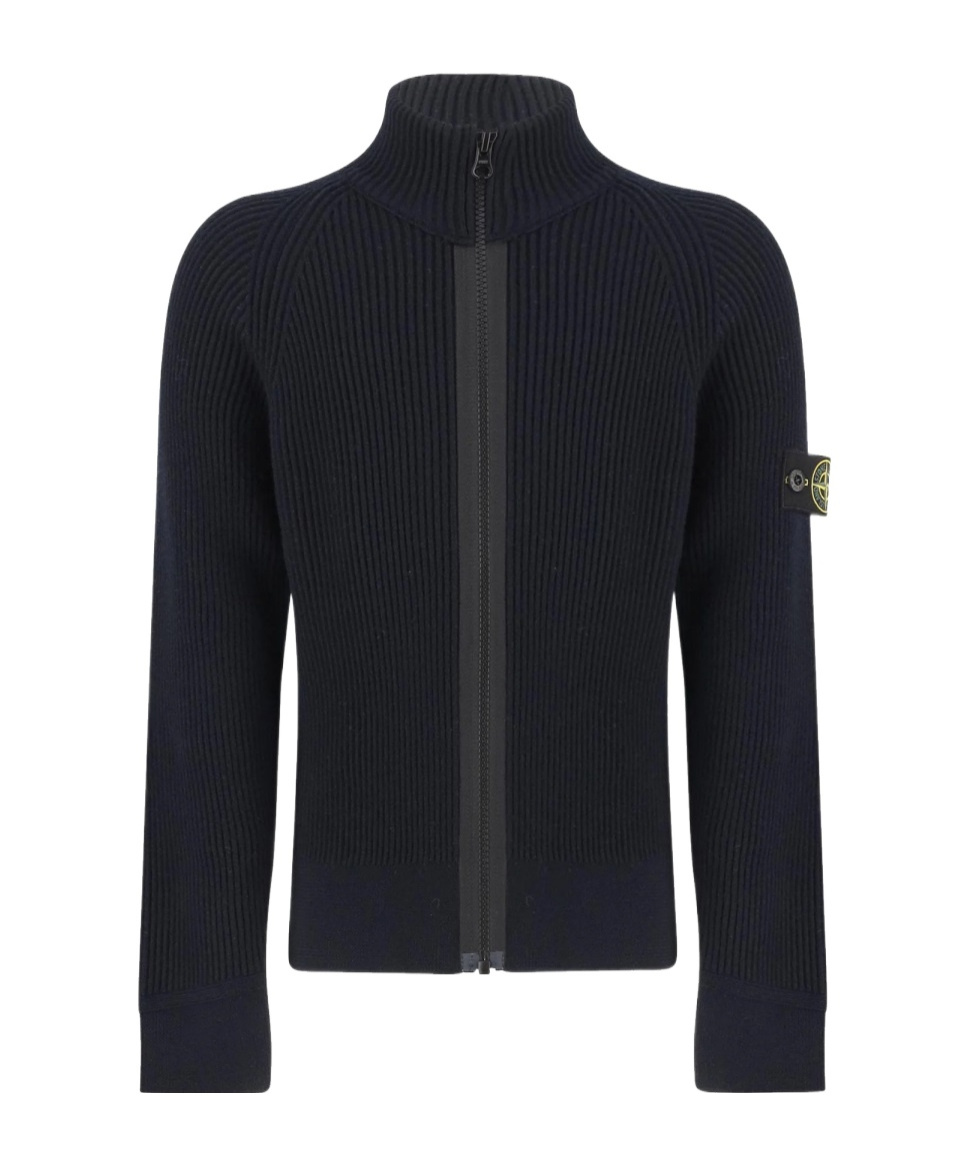 Stone Island Stand-up Collar Cardigan Sweater In Black