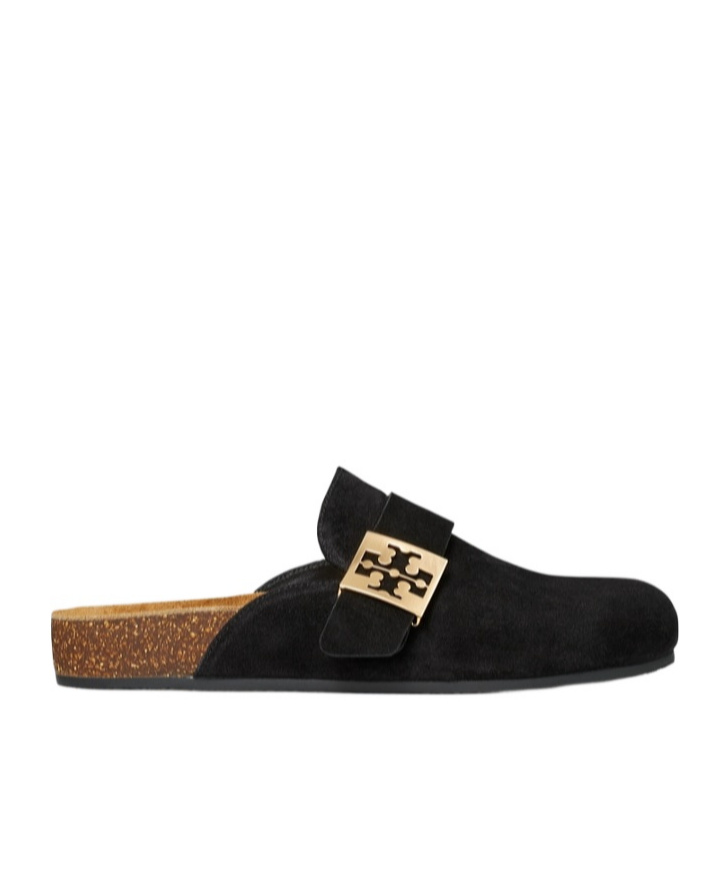 Tory Burch Mellow Suede Buckle Slide Mules In Black