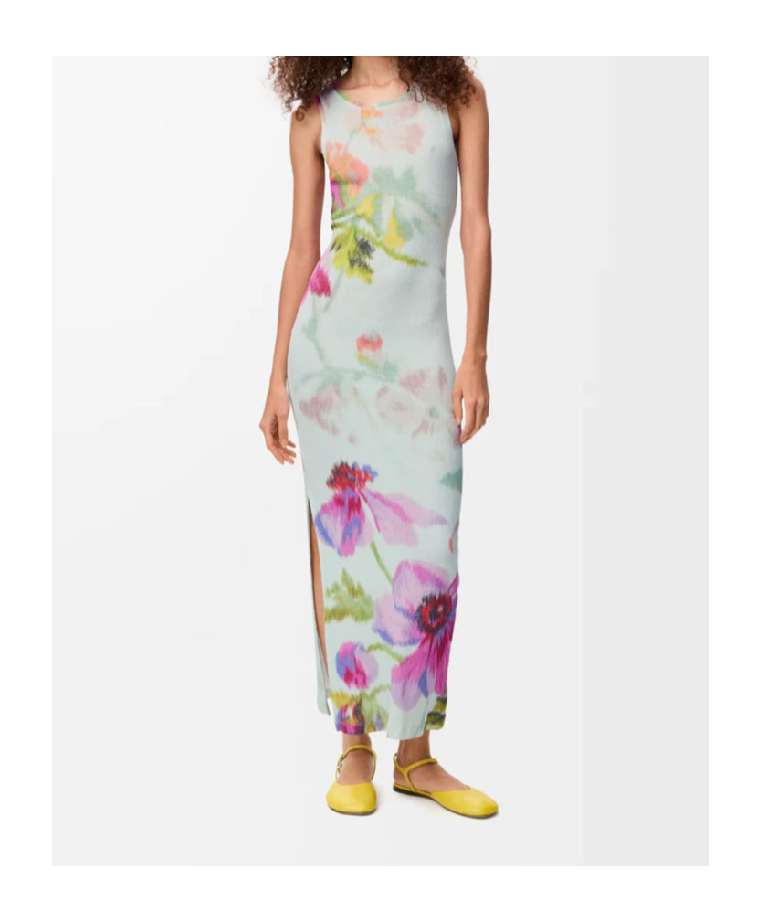 Loewe Ribbed Floral-print Silk And Cotton-blend Jersey Midi Dress In Blue