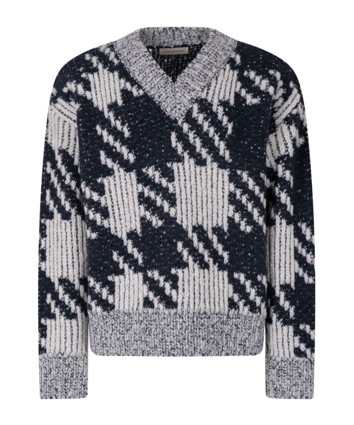 Dries Van Noten Chunky Knit V Neck Sweater With Textured Pattern In White