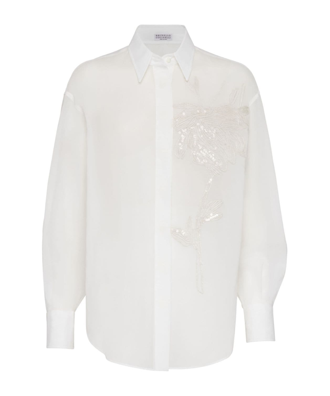 Brunello Cucinelli Elegant White Cotton Knit Shirt With Dazzling Magnolia Embroidery For Women In White