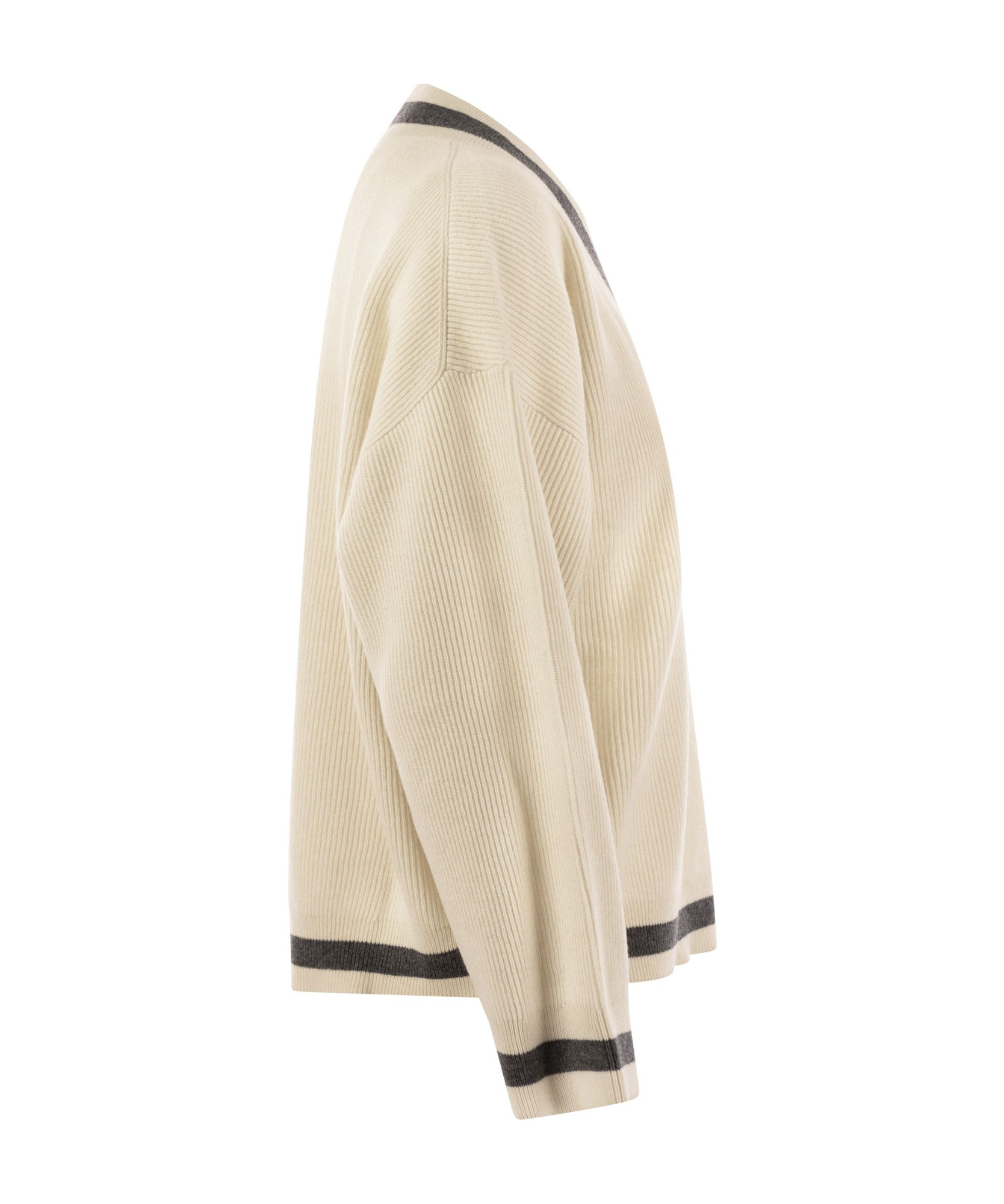 Brunello Cucinelli Ribbed Cashmere Sweater With Contrasting Stripe In Nude