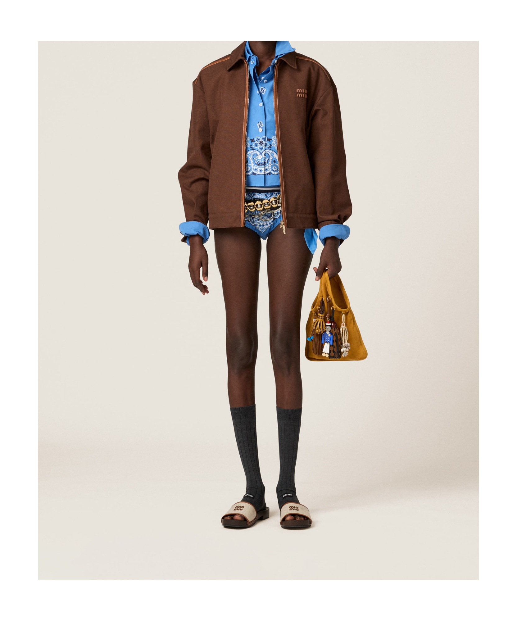 Miu Miu Jacquard Canvas Blouson Jacket In Brown