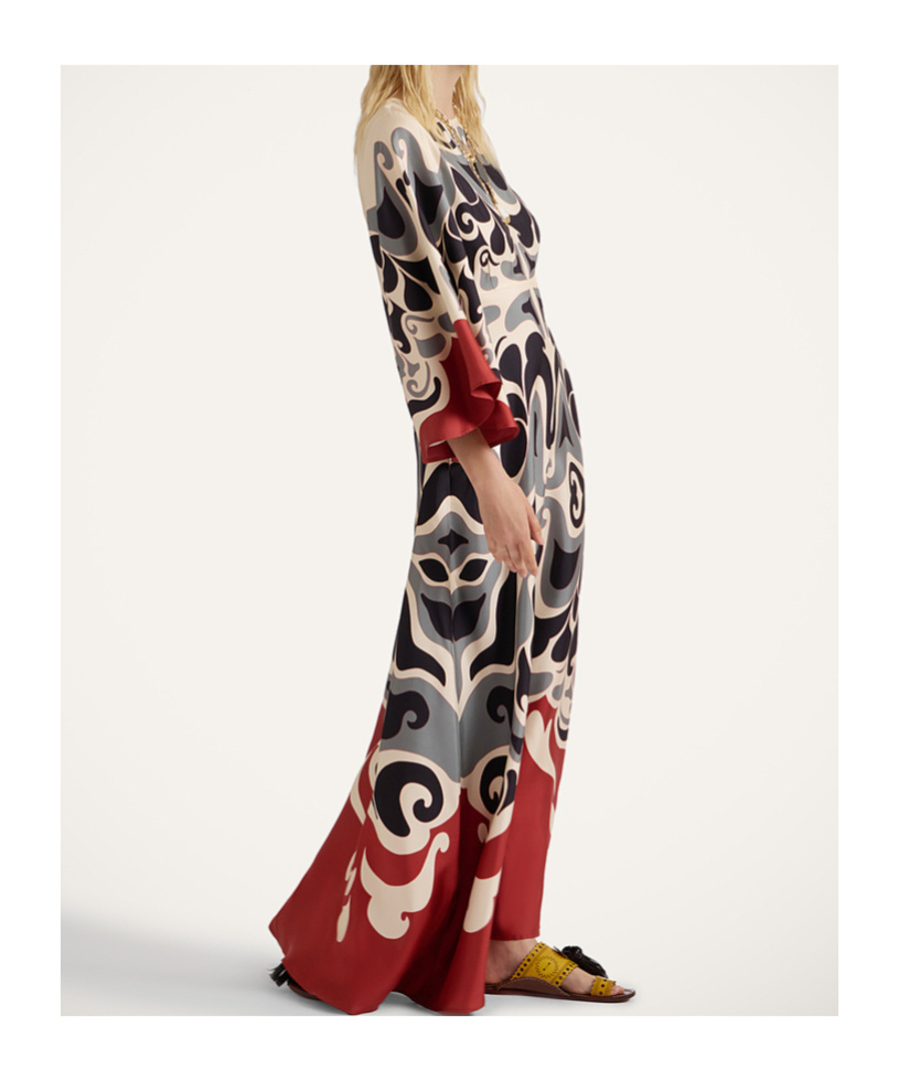 La Doublej Multicolor Long Dress With Round Neck And All Over Motif In Silk Woman In White