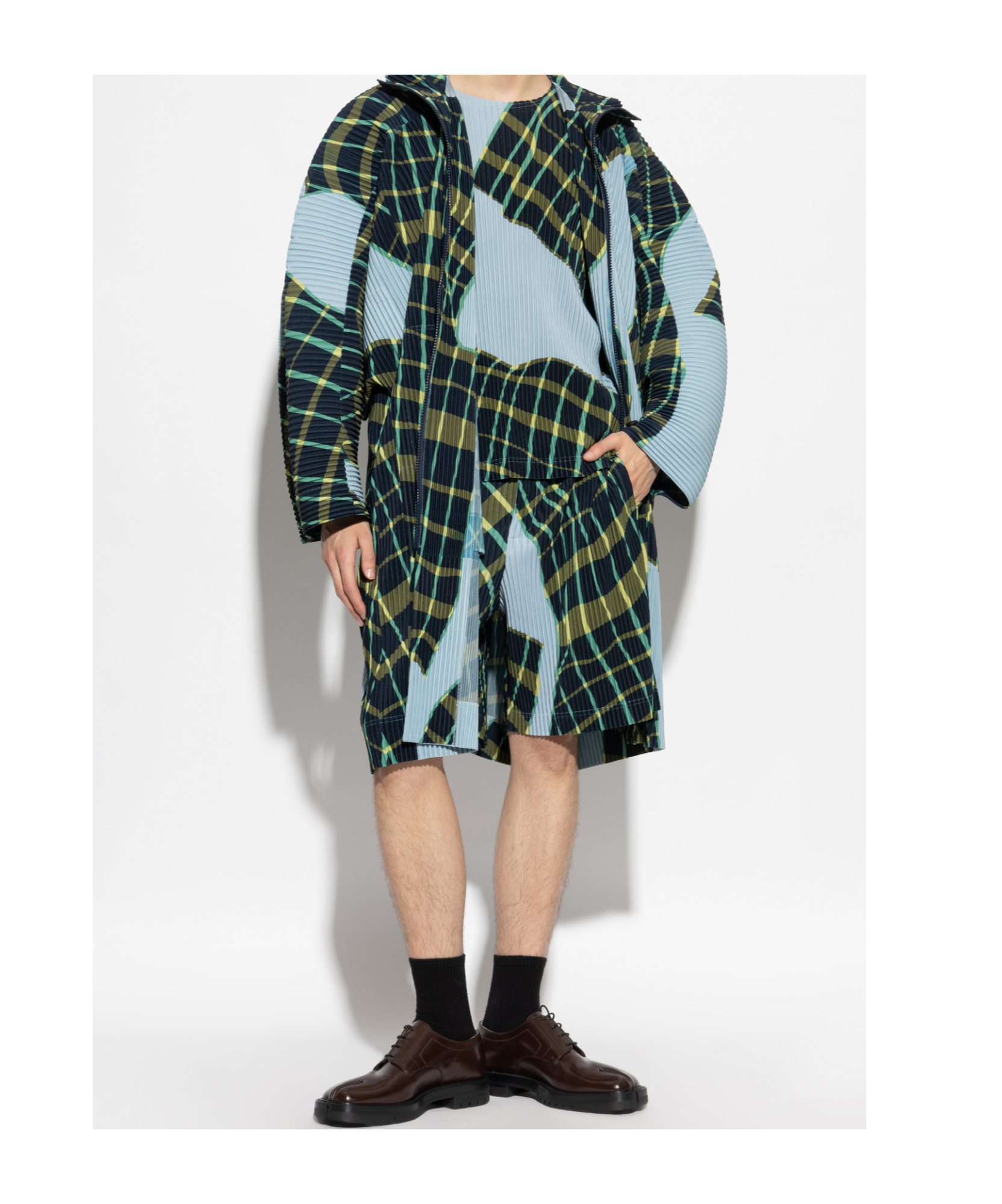 Issey Miyake Windswept Plaid Coat In Green