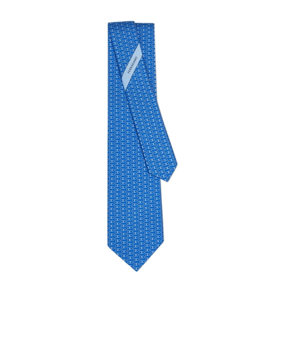 Ferragamo Interlinked Gancini Print Silk Tie In Blue