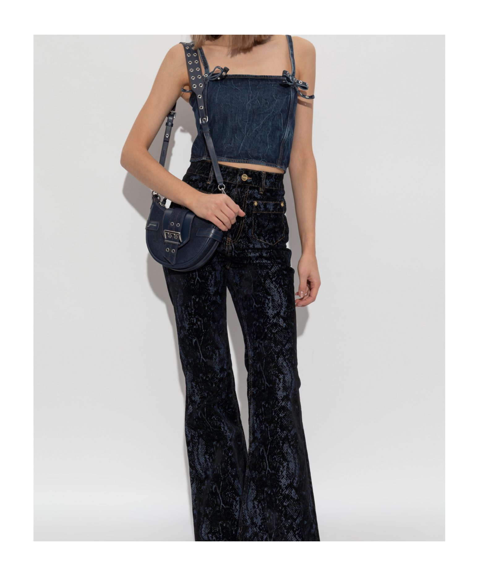 Ganni Crinkled Future Denim Strap Top Mid Blue Stone In Black