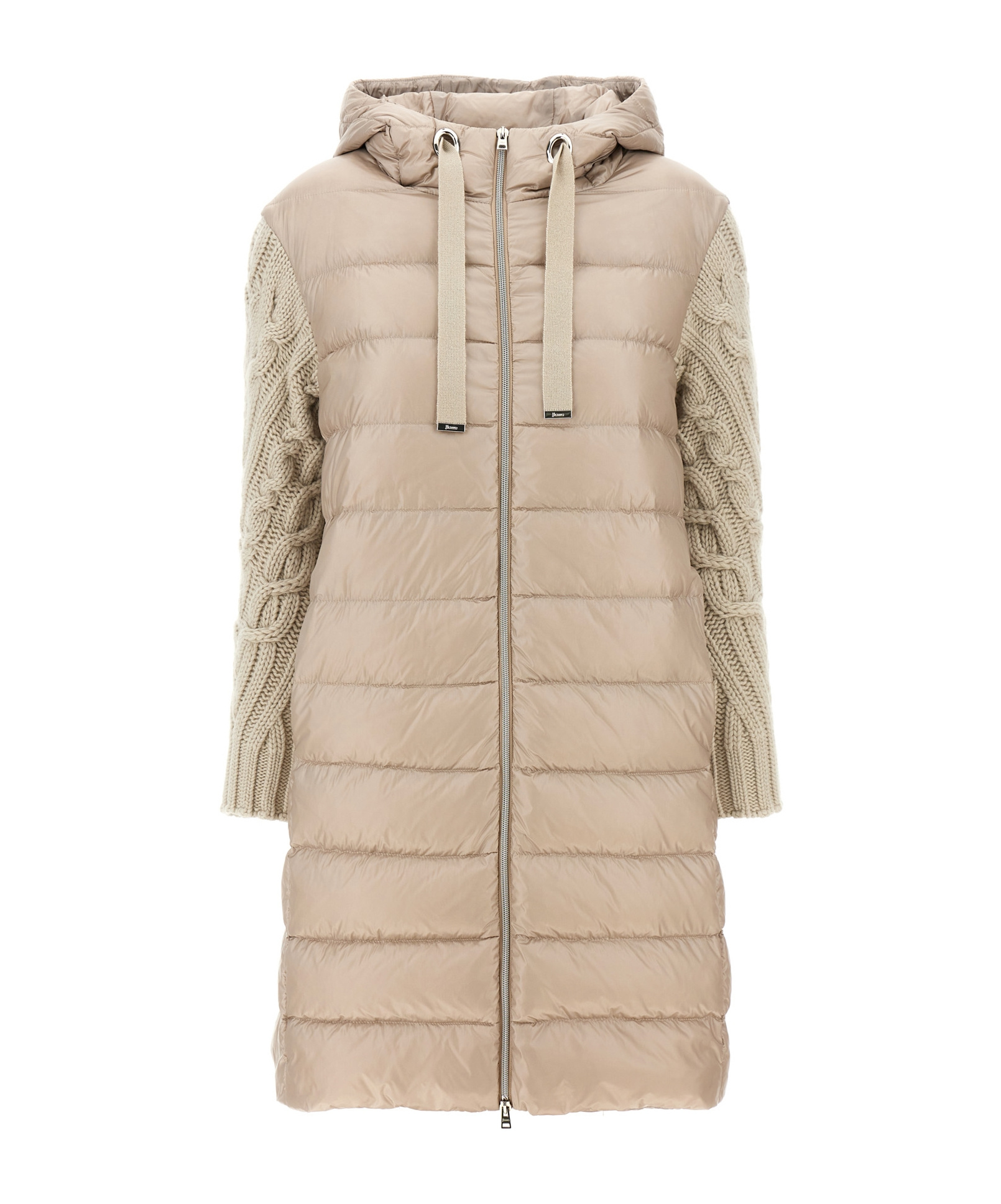Herno Long Padded Hooded Jacket With Knitted Sleeves In Nude