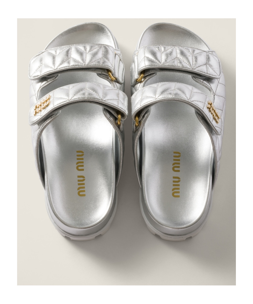 MIU MIU METALLIC MATELASSÉ NAPPA LEATHER SLIDES