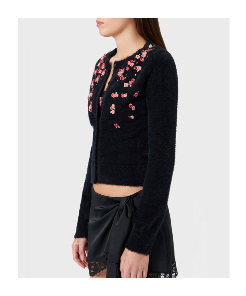 Blumarine Rose Embroidered Knitted Cardigan In Black