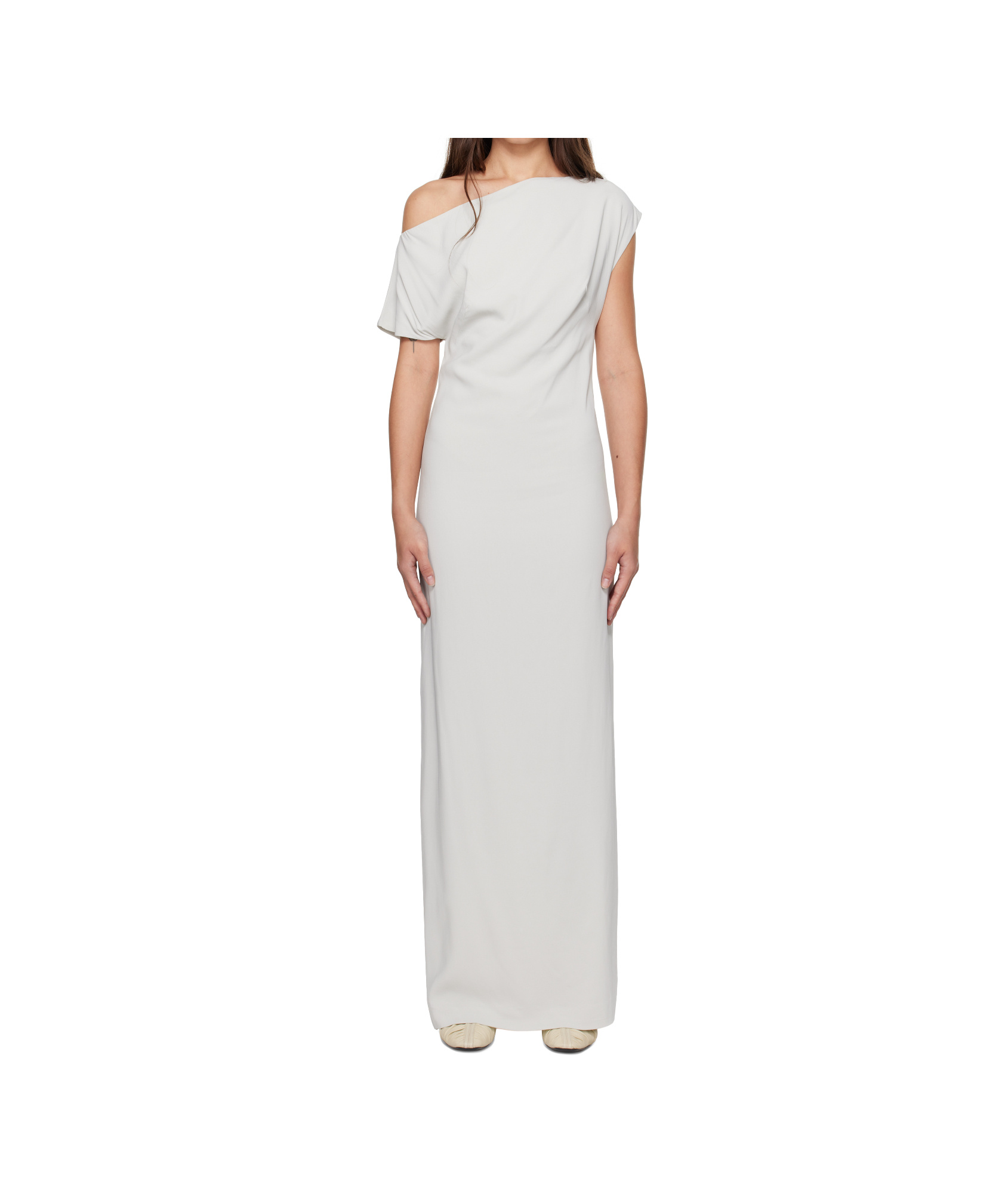 St Agni Gray Asymmetric Off Shoulder Midi Dress In White