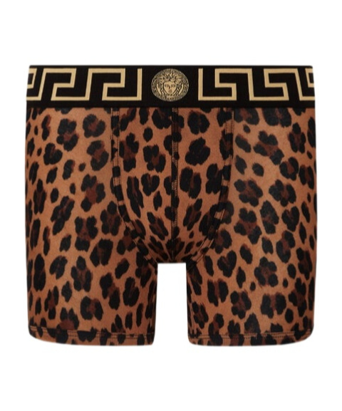 Versace Greca Border Leopard-print Boxers In Brown