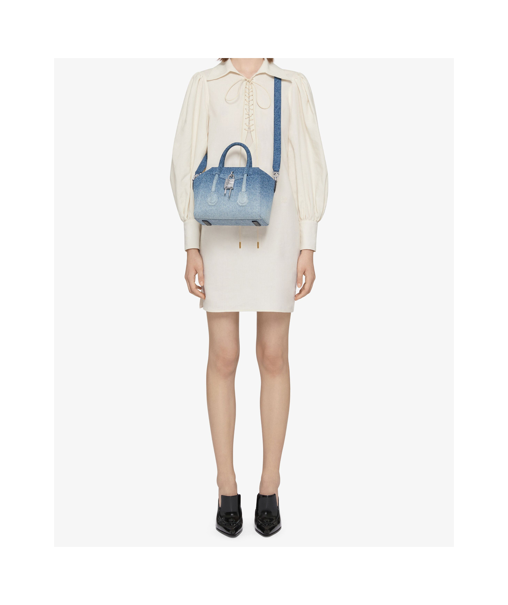 Givenchy Mini Antigona Lock Denim Top Handle Bag In Medium Blue