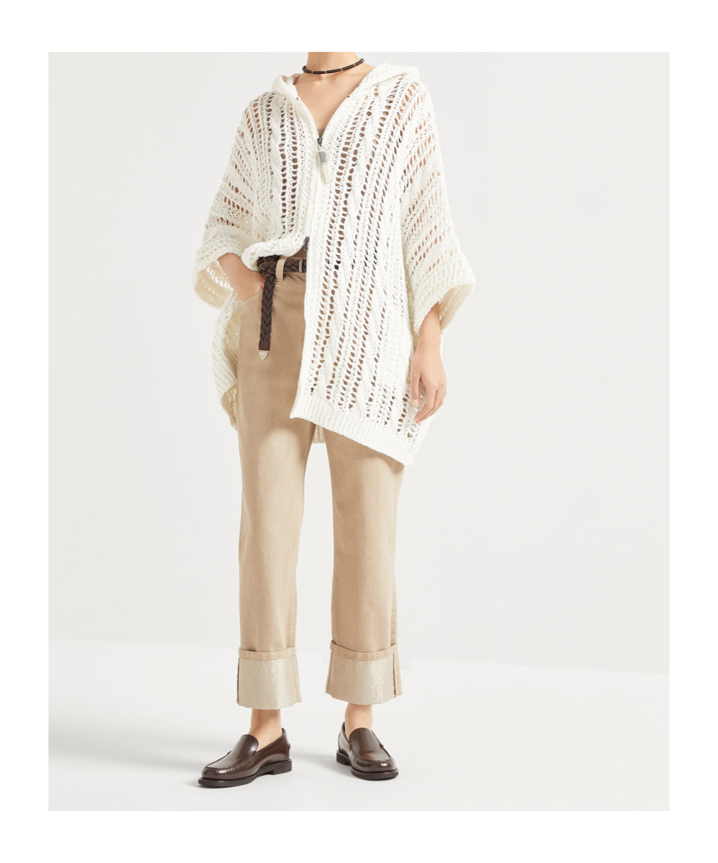 Brunello Cucinelli White Panama Crochet Cardigan In White