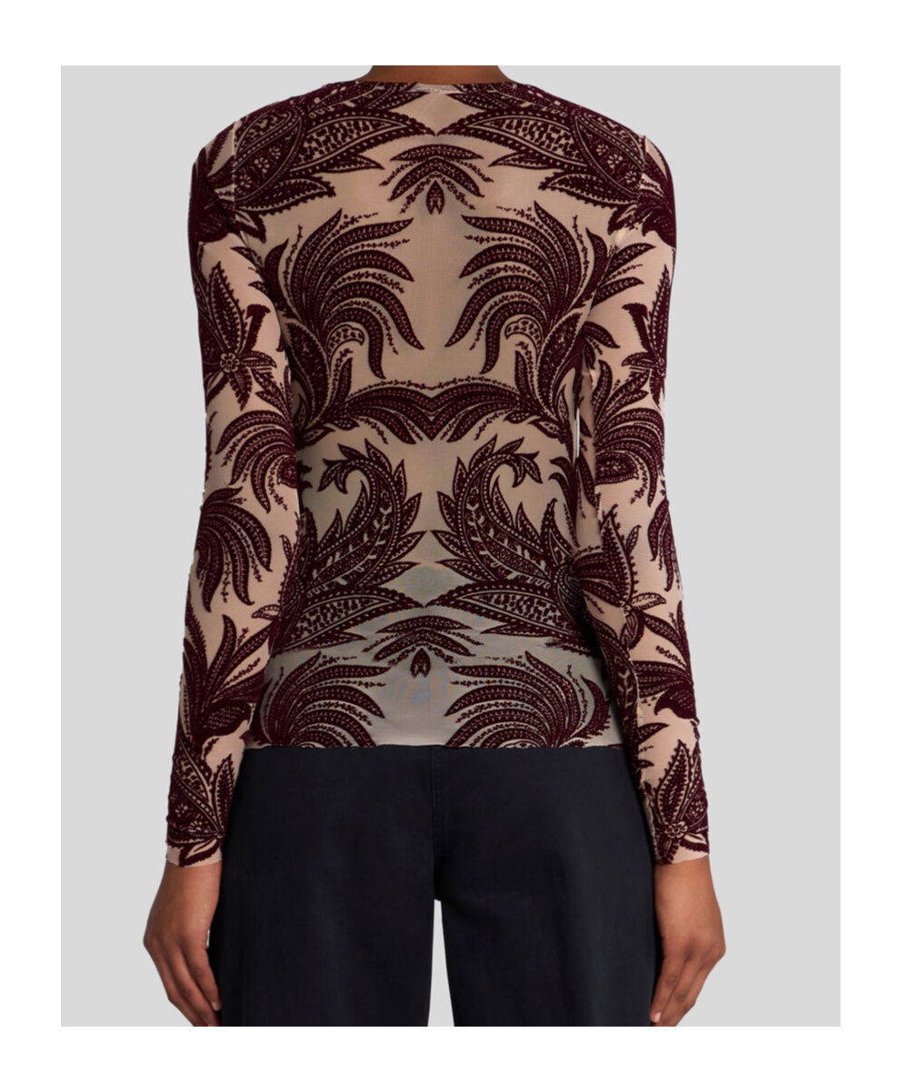 Etro Red Frog Motif Flocked Tulle Top In Brown
