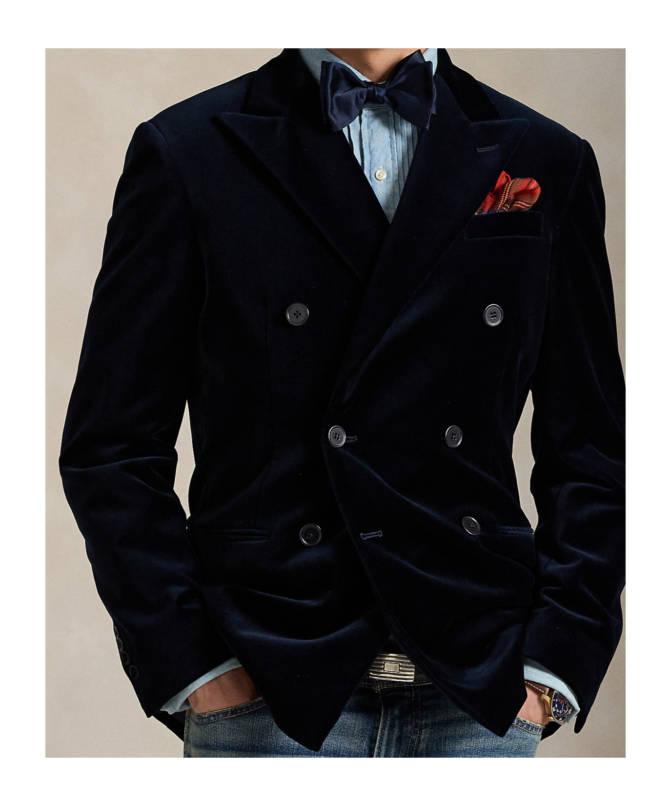 Polo Ralph Lauren Mens Peak-lapel Double-breasted Velvet Blazer Navy In Black