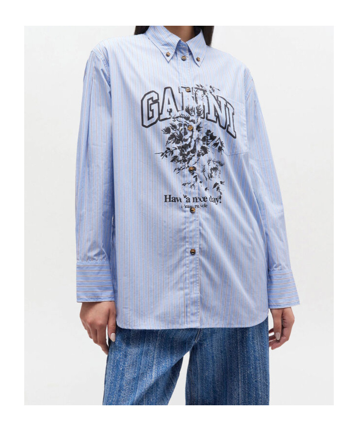 Ganni Long Sleeve Cotton Shirt With Graphic Print In Blue