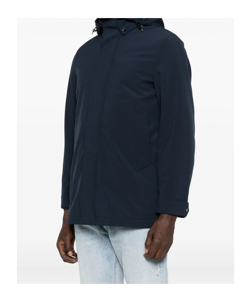 Woolrich Navy Blue Hooded Jacket With Concealed Fastening In Blue