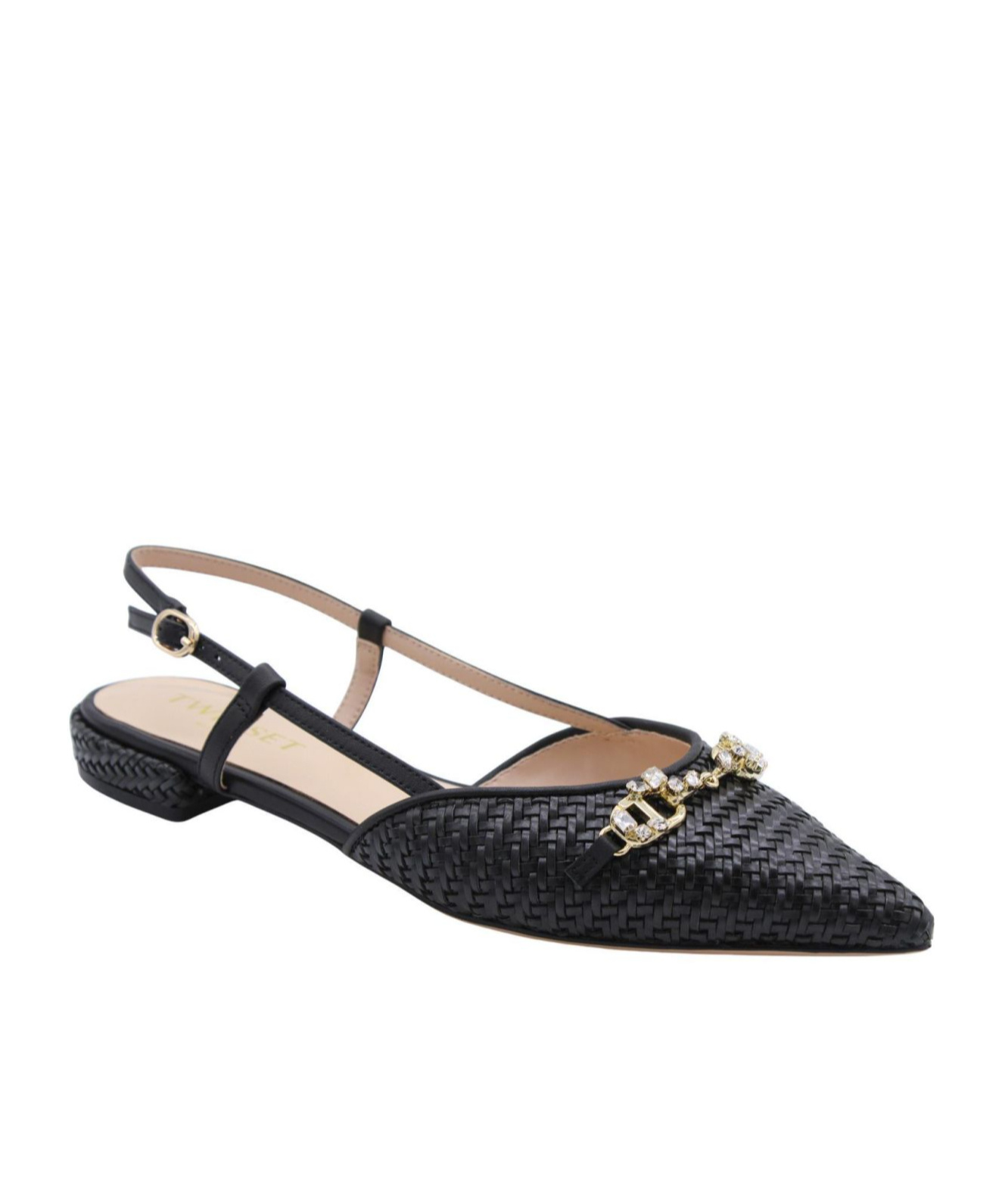 Twinset Raffia Sandal With Jeweled Clamp In Black