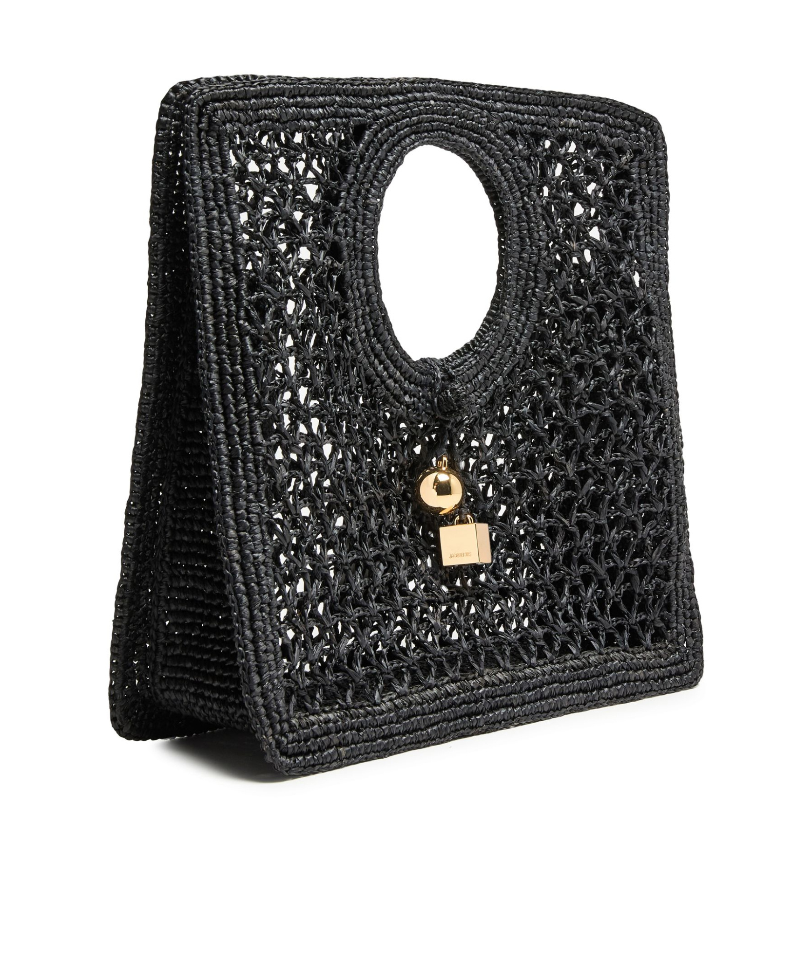 Jacquemus Carre Spiaggia Embellished Braided Raffia Tote In Black