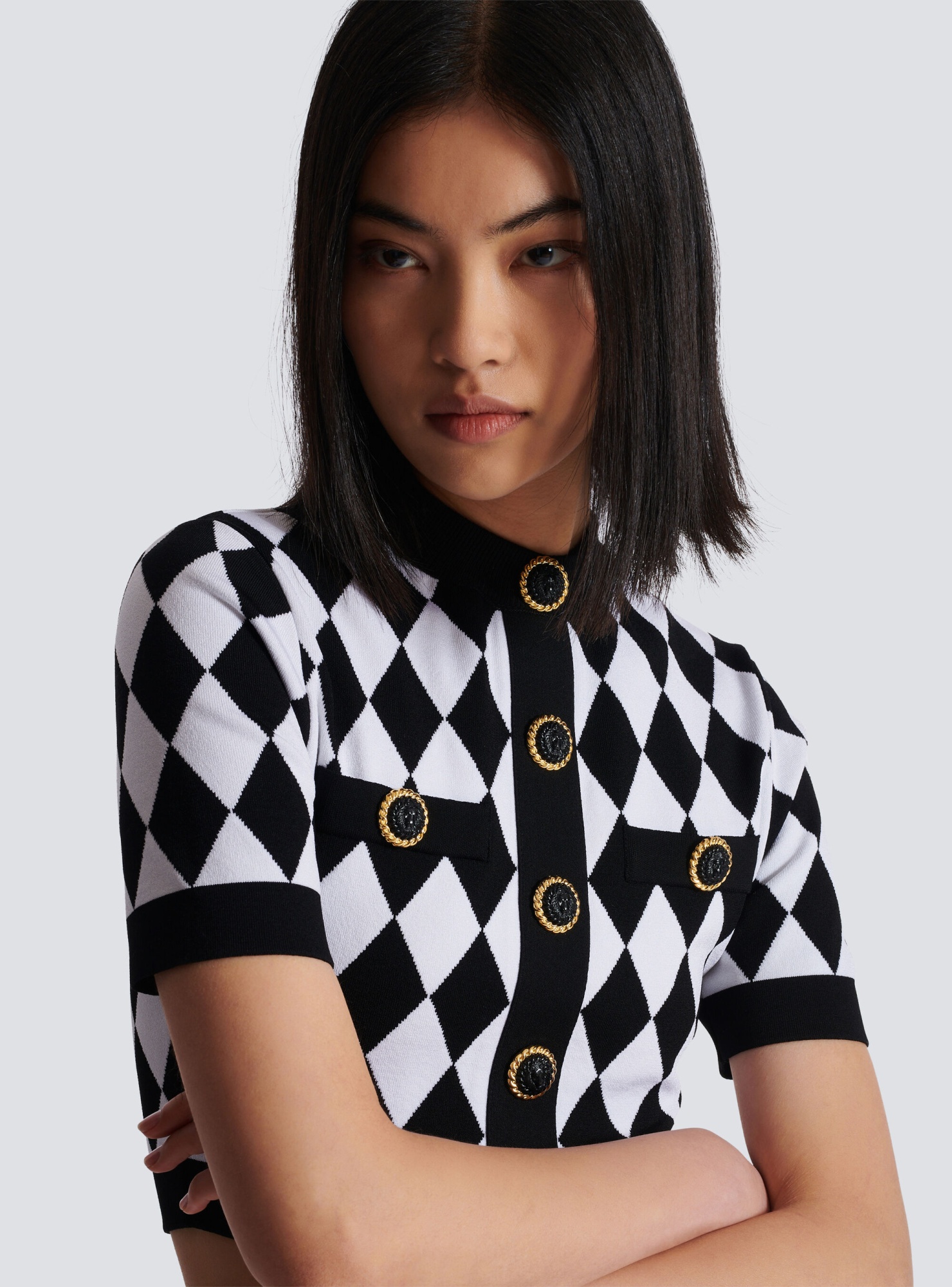Shop Balmain Diamond Jacquard Knit Top In Black