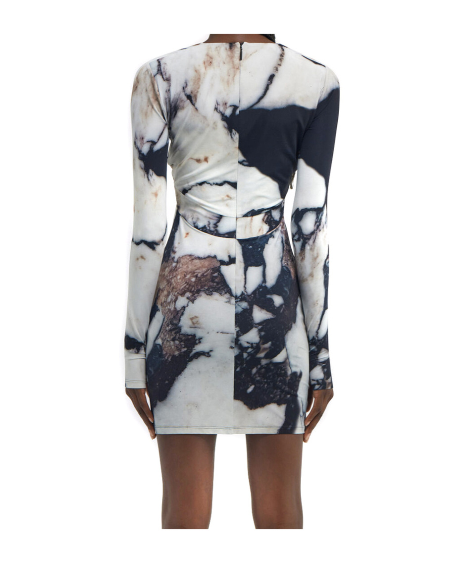 Roberto Cavalli Printed Abstract Fitted Mini V-neck Dress In Gray