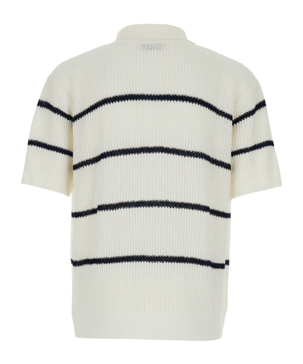 Dunst White Knitted Polo Shirt With All-over Striped Motif