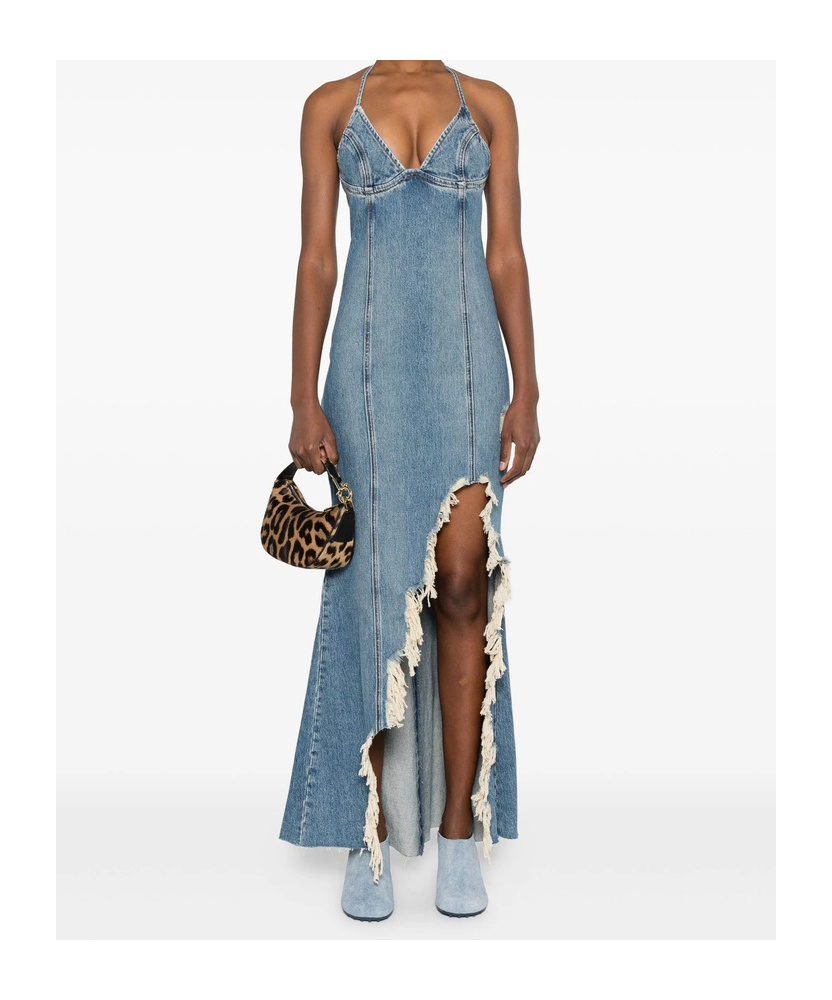 Blumarine Halter-neck Frayed-hem Denim Dress In Blue