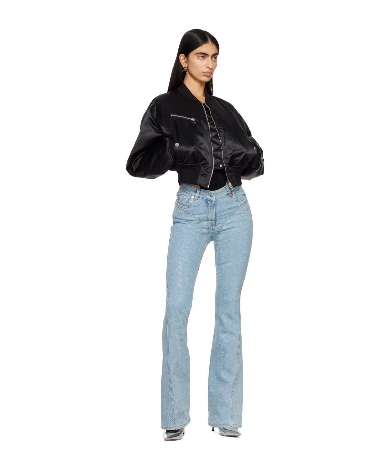 Mugler Cropped Padded Bomber Jacket In Black