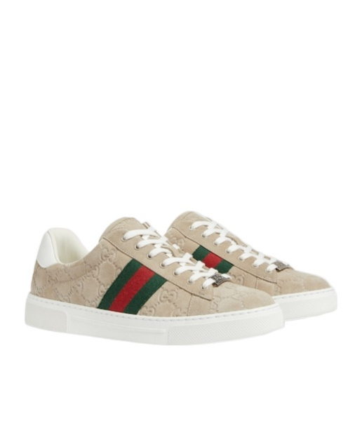 Gucci Beige Low Top Sneakers With Web Detail On The Side And Ace Plaque On The Front In Gg Canvas Wo In Nude