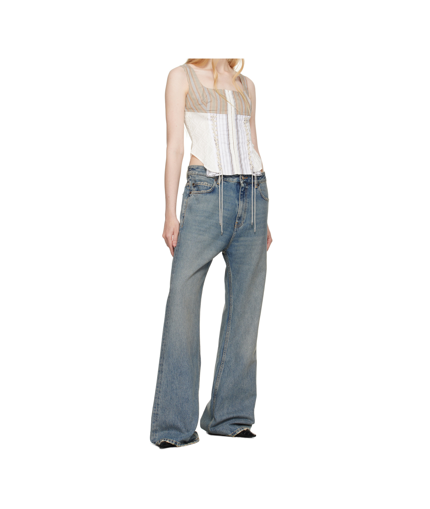 Marine Serre Beige Regenerated Striped Poplin Bustier Top