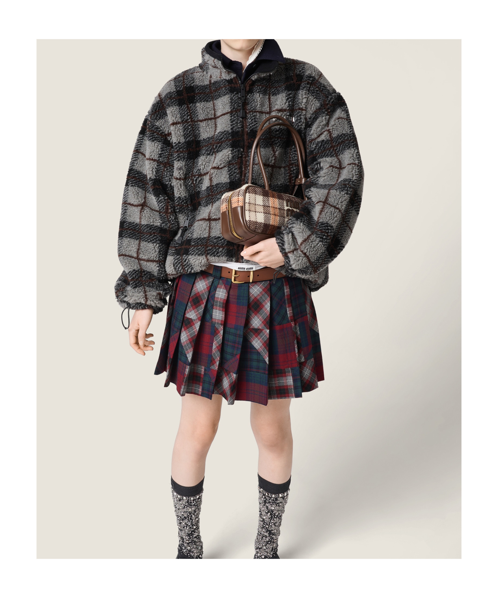 Miu Miu Checked-pattern Teddy-fleece Jacket In Black
