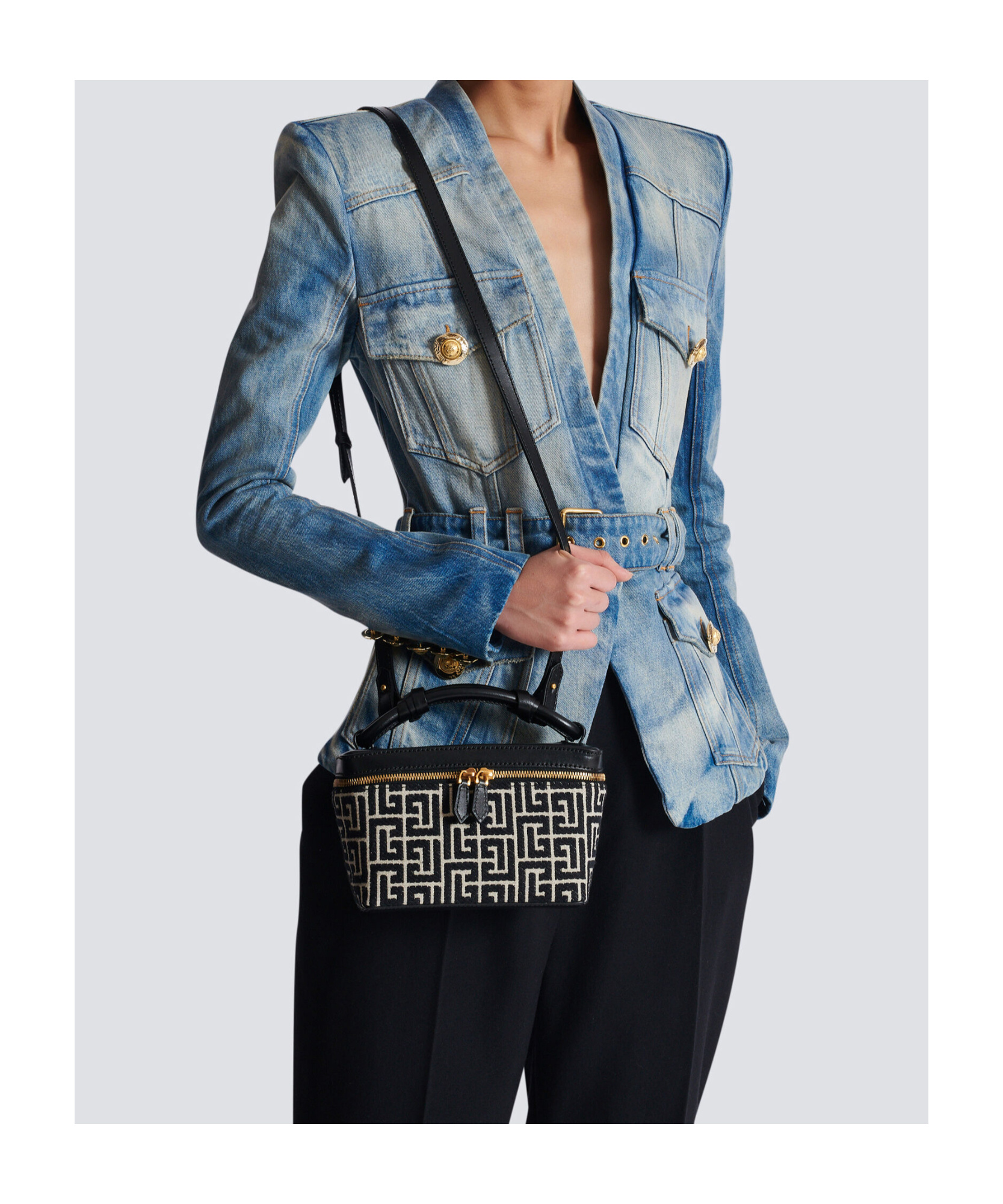 Balmain B-army Vanity Case In Monogrammed Canvas And Leather