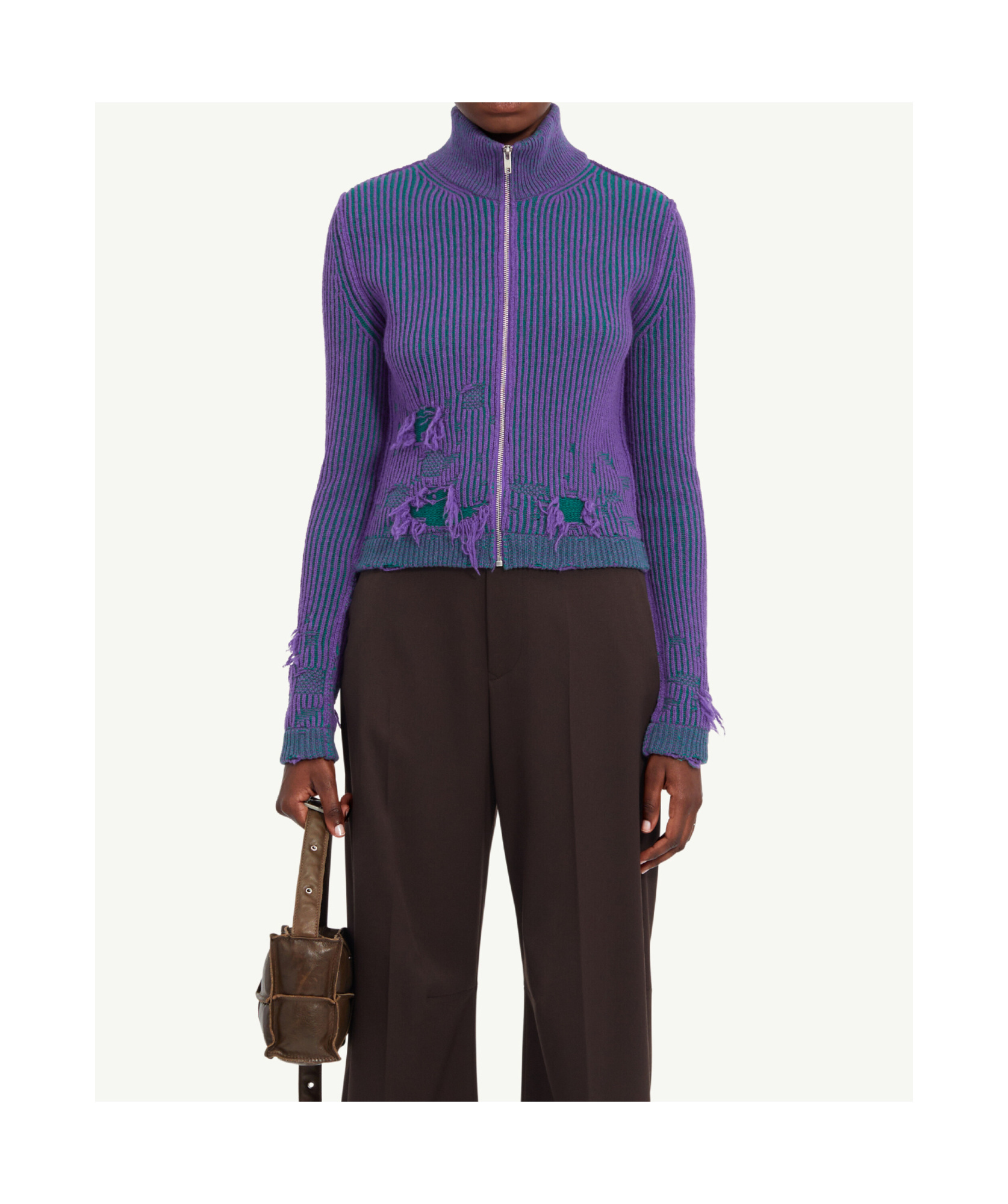Mm6 Maison Margiela Distressed Rib-knit Zip-front Cardigan In Blue