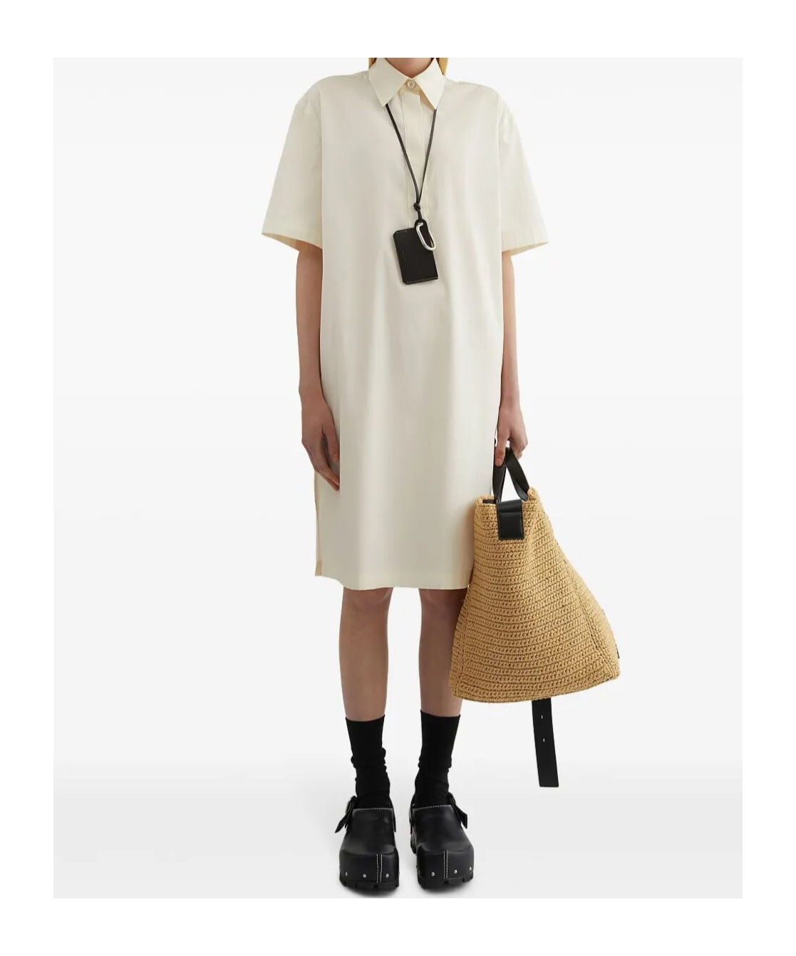 Jil Sander Relaxed Silhouette Cotton Dress With Classic Collar In Eggshell