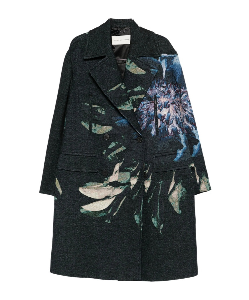 Dries Van Noten Cotton Blend Coat Floral Pattern In Blue